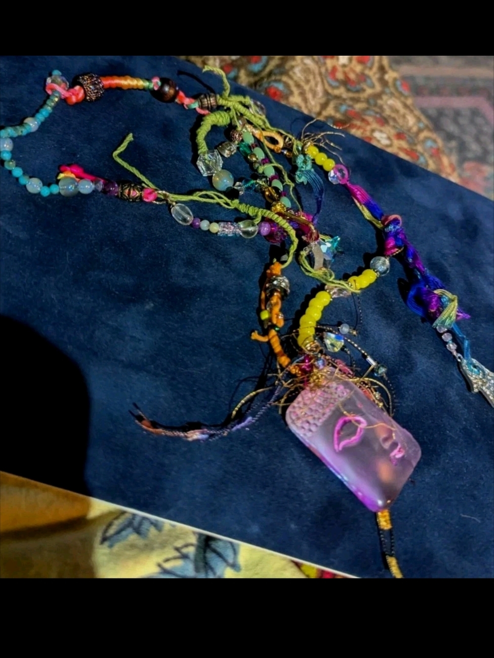 Bohemian Pink Buddha Glass Pendant Necklace with Multicolor Beads - Picture 3 of 10